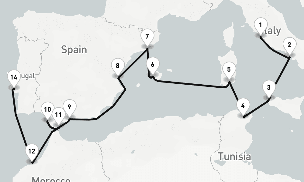 16 nights / 17 days, one-way from Civitavecchia (Rome, Italy) to Lisbon