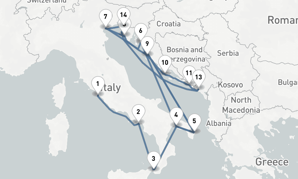 17 nights / 18 days, one-way from Civitavecchia (Rome, Italy) to Venice