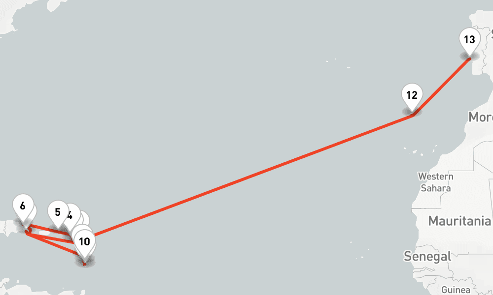 21 nights / 22 days, one-way from La Romana (Dominican Republic) to Lisbon