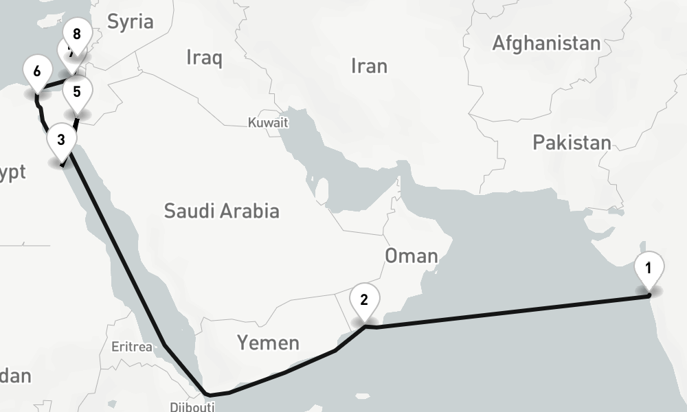 15 nights / 16 days, one-way from Mumbai (Bombay, India) to Haifa (Tel Aviv, Israel)