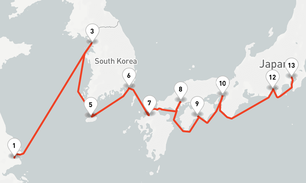 15 nights / 16 days, one-way from Shanghai to Tokyo