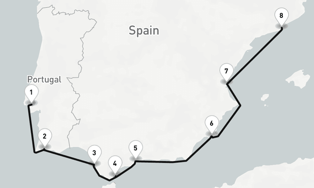 7 nights / 8 days, one-way from Lisbon to Barcelona