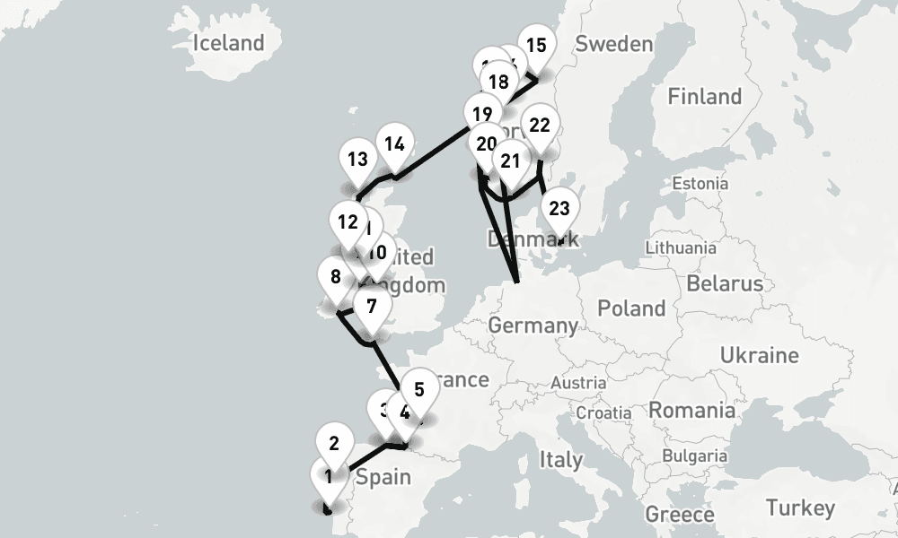 26 nights / 27 days, one-way from Lisbon to Copenhagen