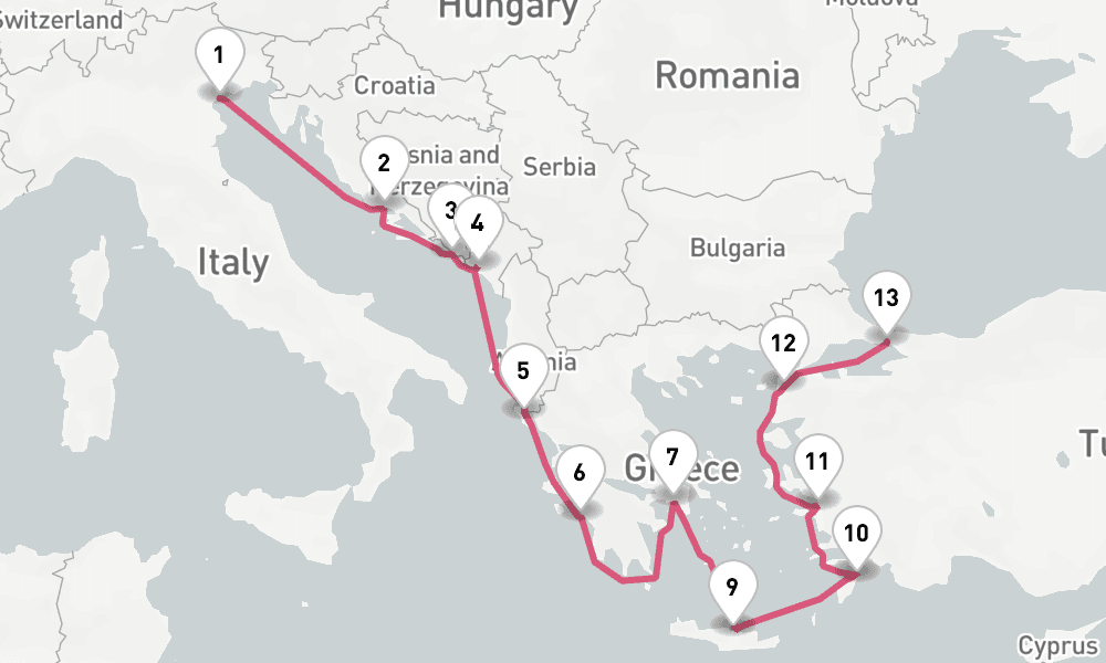 14 nights / 15 days, one-way from Venice to Istanbul