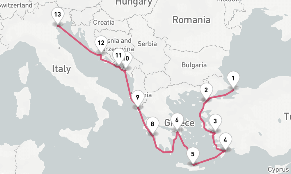 14 nights / 15 days, one-way from Istanbul to Venice
