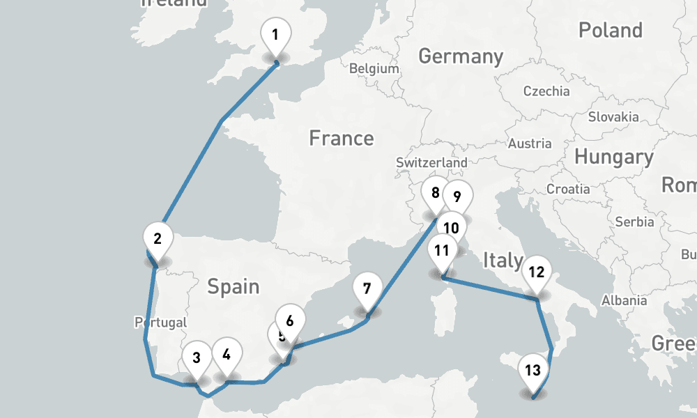 19 nights / 20 days, one-way from Southampton (England) to Valletta