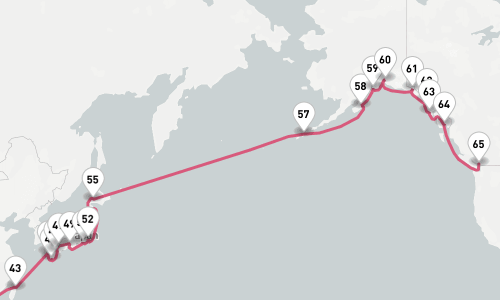 91 nights / 92 days, one-way from Auckland to Vancouver (BC Canada)