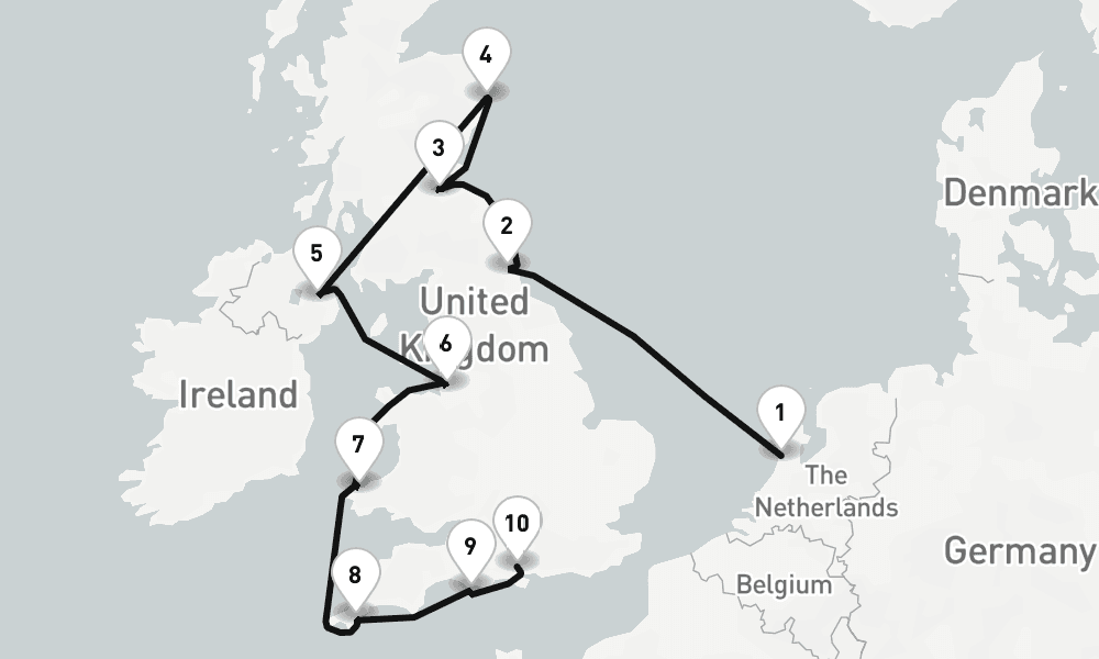 11 nights / 12 days, one-way from IJmuiden (Holland) to Southampton (England)