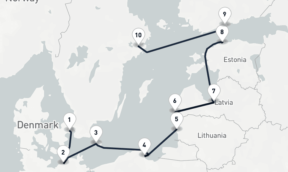11 nights / 12 days, one-way from Copenhagen to Stockholm
