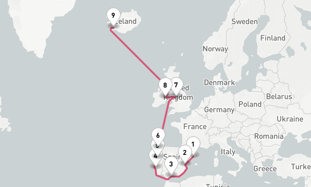 14 nights / 15 days, one-way from Barcelona to Reykjavik