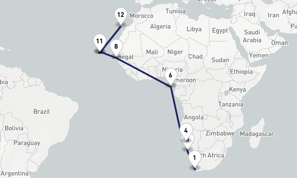 24 nights / 25 days, one-way from Cape Town to Las Palmas (Gran Canaria, Canary Islands)