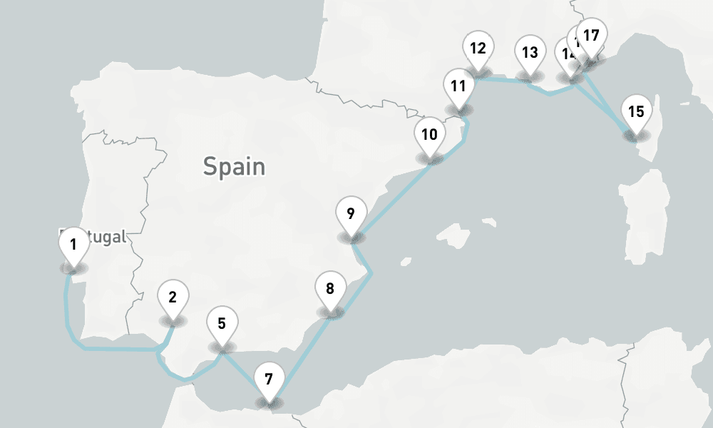 16 nights / 17 days, one-way from Lisbon to Villefranche-sur-Mer (Nice, France Riviera)