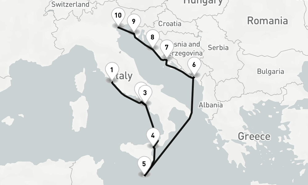 10 nights / 11 days, one-way from Civitavecchia (Rome, Italy) to Venice