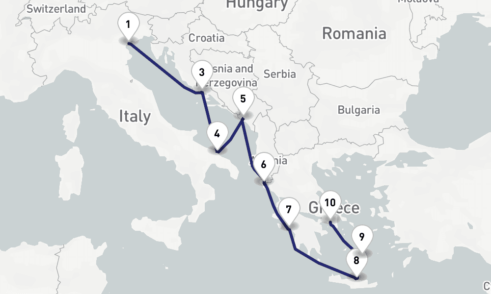 10 nights / 11 days, one-way from Venice to Piraeus (Athens, Greece)