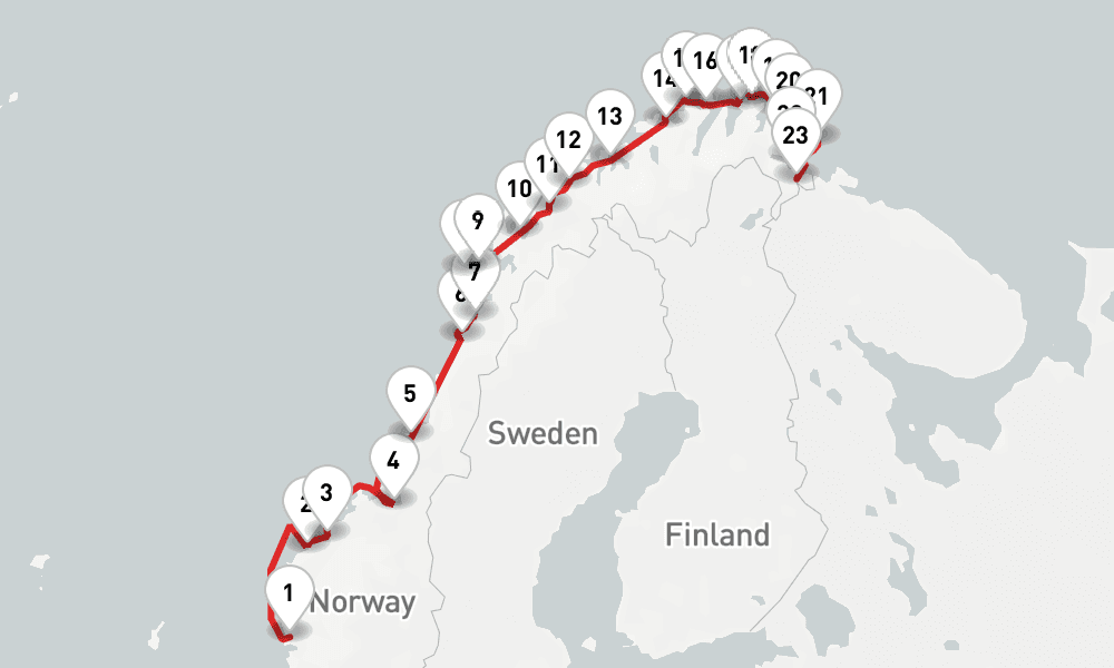 6 nights / 7 days, one-way from Bergen to Kirkenes