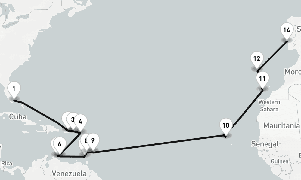 25 nights / 26 days, one-way from Miami (Florida) to Lisbon