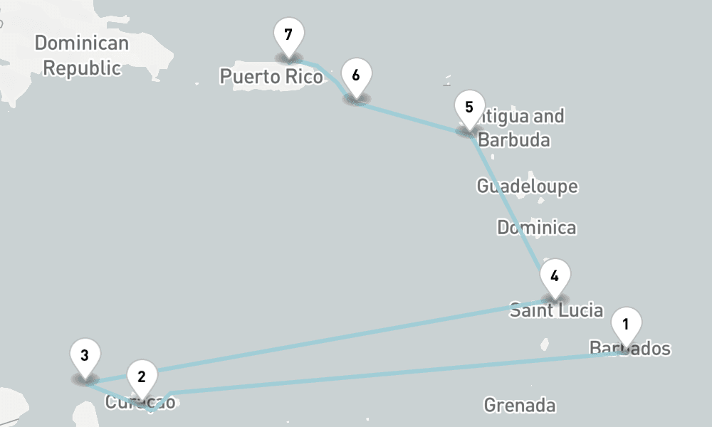 8 nights / 9 days, one-way from Bridgetown (Barbados) to San Juan (Puerto Rico)