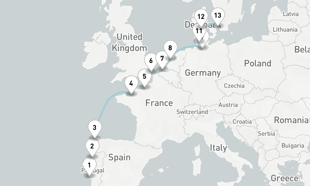13 nights / 14 days, one-way from Lisbon to Copenhagen