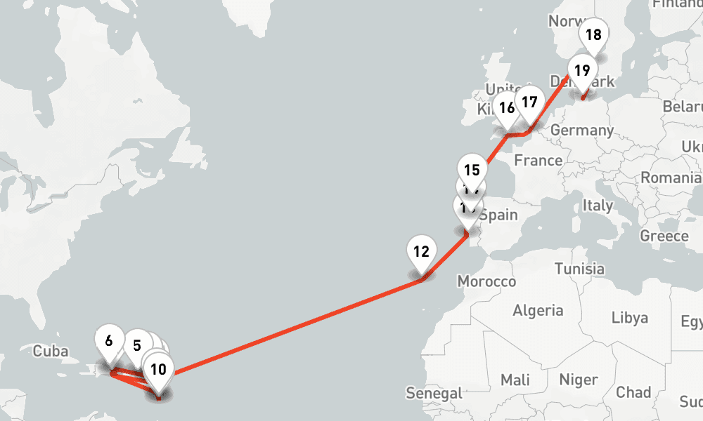 29 nights / 30 days, one-way from La Romana (Dominican Republic) to Kiel