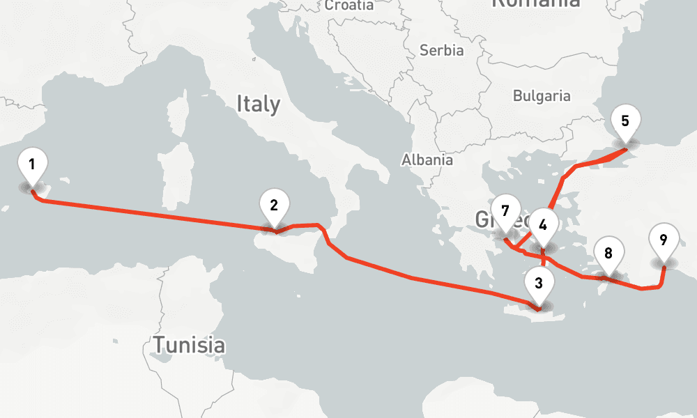 12 nights / 13 days, one-way from Palma de Mallorca (Majorca Island, Spain) to Antalya