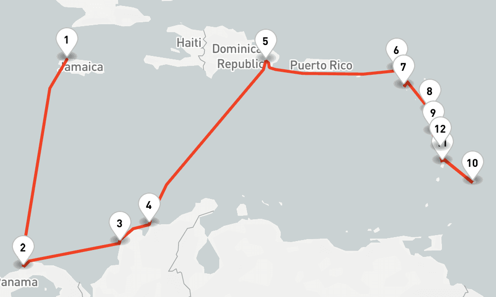14 nights / 15 days, one-way from Montego Bay to Fort-de-France (Martinique)