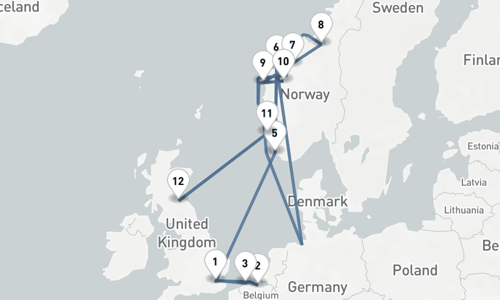 13 nights / 14 days, one-way from Tilbury (London, England) to Edinburgh (Leith, Scotland)