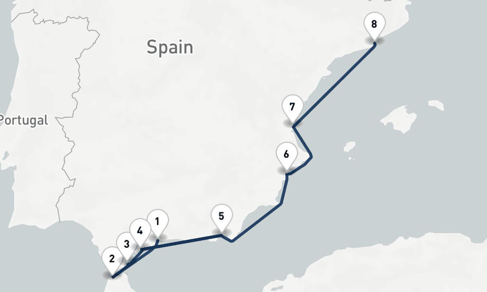 7 nights / 8 days, one-way from Malaga to Barcelona