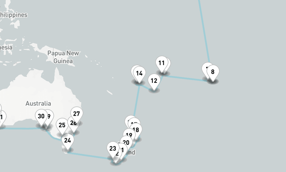 87 nights / 88 days, one-way from San Francisco (California) to Hong Kong