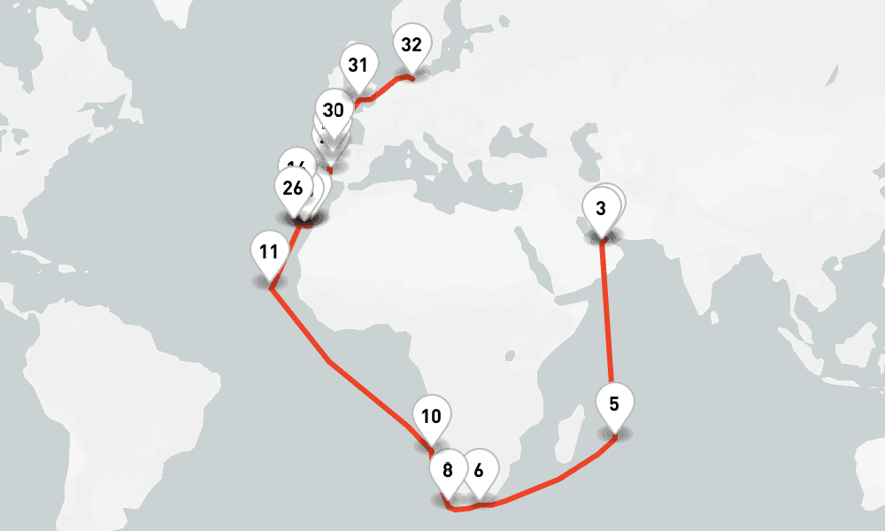 60 nights / 61 days, one-way from Dubai (Port Rashid, UAE) to Hamburg