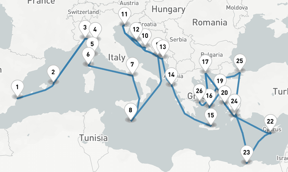42 nights / 43 days, one-way from Alicante to Piraeus (Athens, Greece)