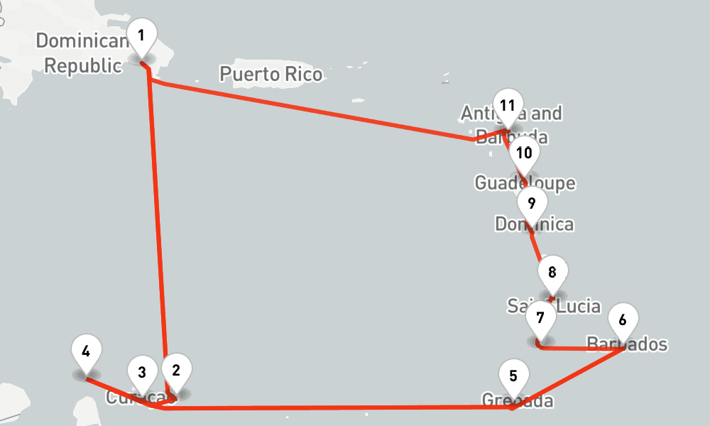 21 nights / 22 days, one-way from La Romana (Dominican Republic) to Bridgetown (Barbados)