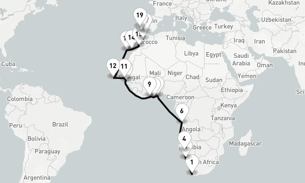 31 nights / 32 days, one-way from Cape Town to Lisbon