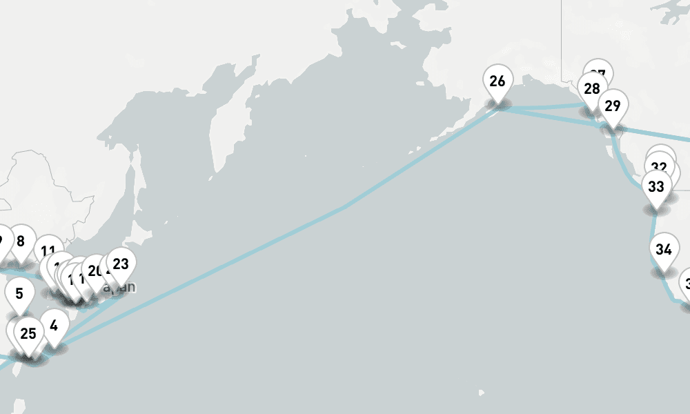 87 nights / 88 days, one-way from Hong Kong to Tilbury (London, England)