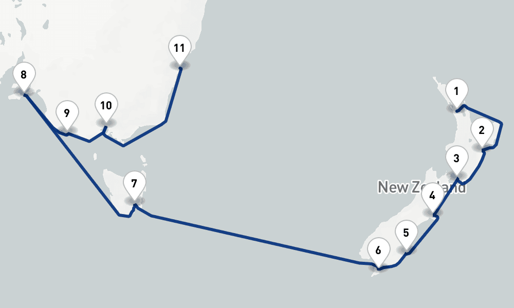18 nights / 19 days, one-way from Auckland to Sydney (NSW, Australia)