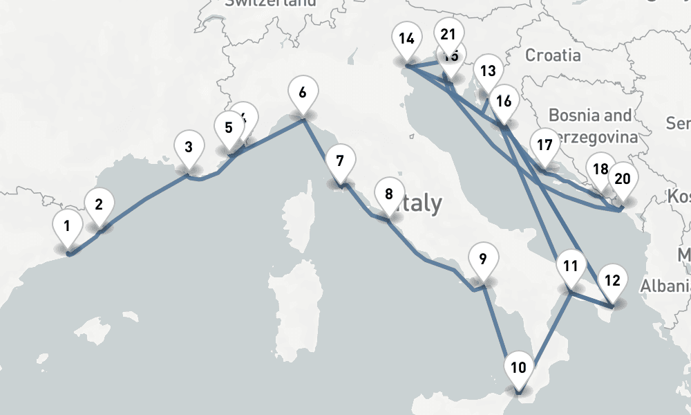24 nights / 25 days, one-way from Barcelona to Venice
