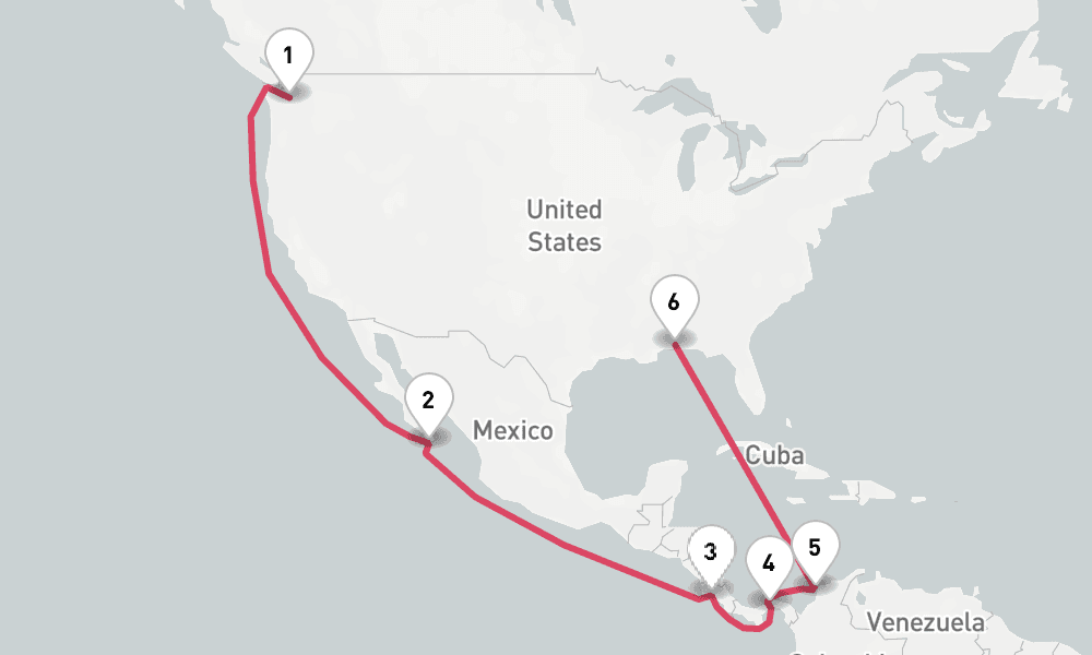 16 nights / 17 days, one-way from Seattle (Washington) to Mobile (Alabama)