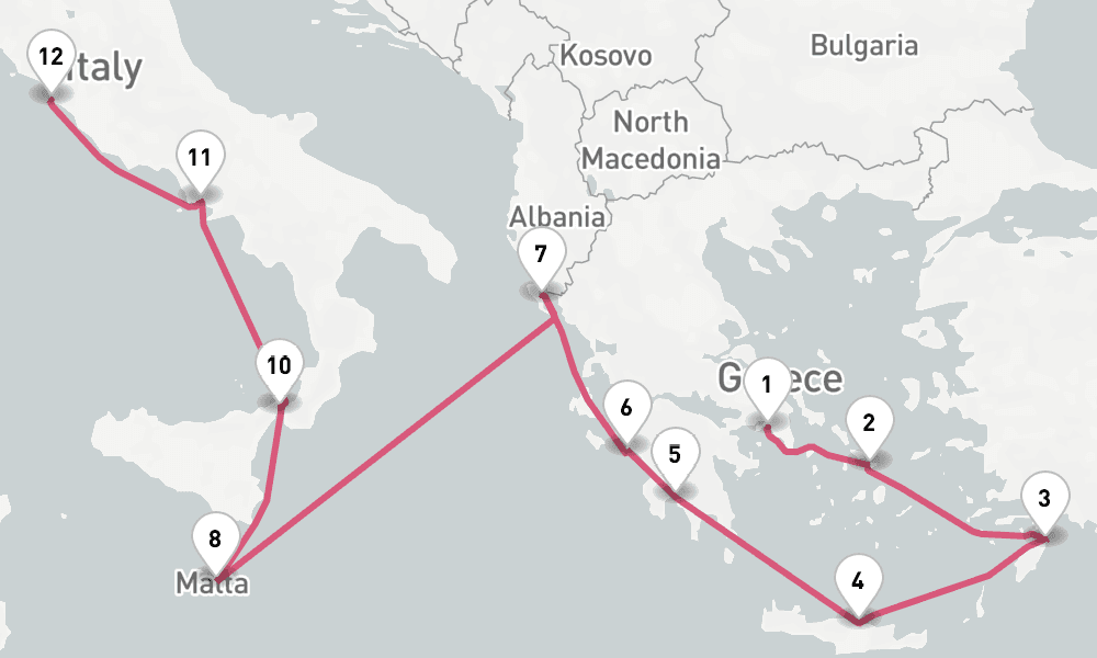 14 nights / 15 days, one-way from Piraeus (Athens, Greece) to Civitavecchia (Rome, Italy)