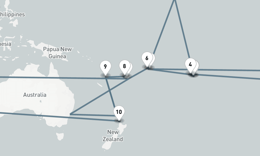 19 nights / 20 days, one-way from Papeete (Tahiti Island, French Polynesia) to Auckland