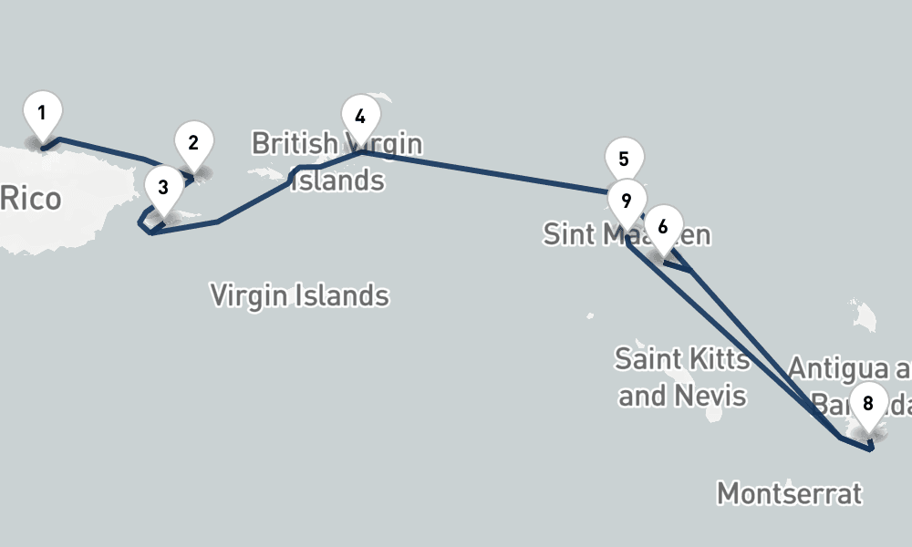 7 nights / 8 days, one-way from San Juan (Puerto Rico) to Philipsburg (St Maarten Island, Dutch Antilles)