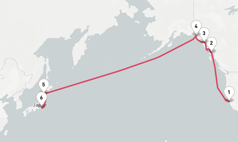 18 nights / 19 days, one-way from San Francisco (California) to Yokohama (Tokyo, Japan)