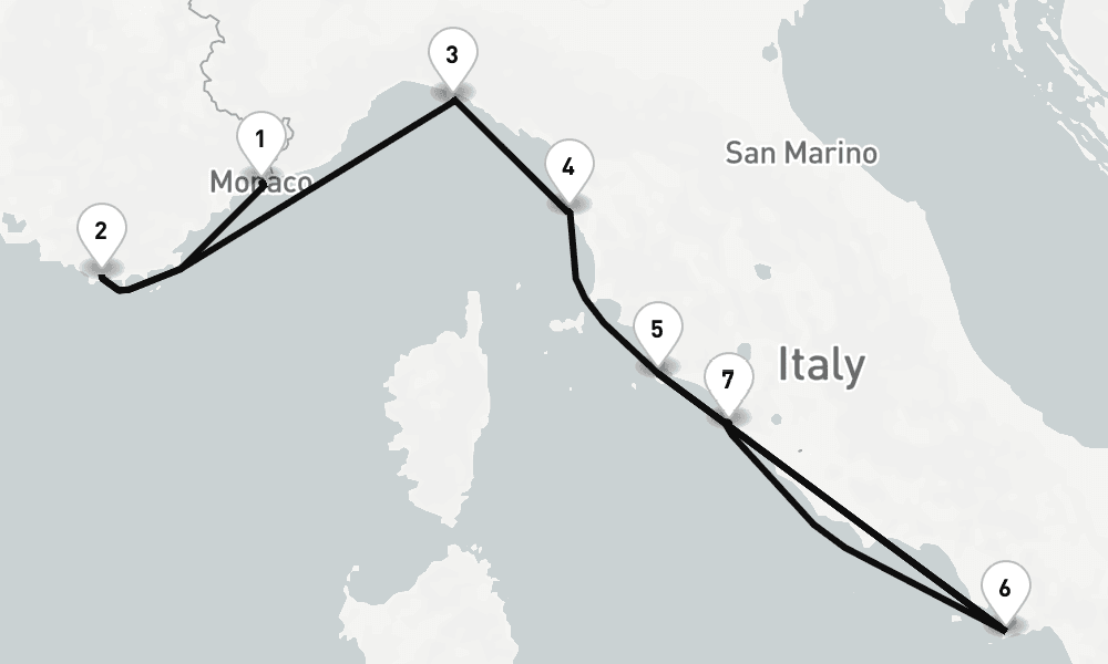 7 nights / 8 days, one-way from Monte Carlo (Monaco, France Riviera) to Civitavecchia (Rome, Italy)