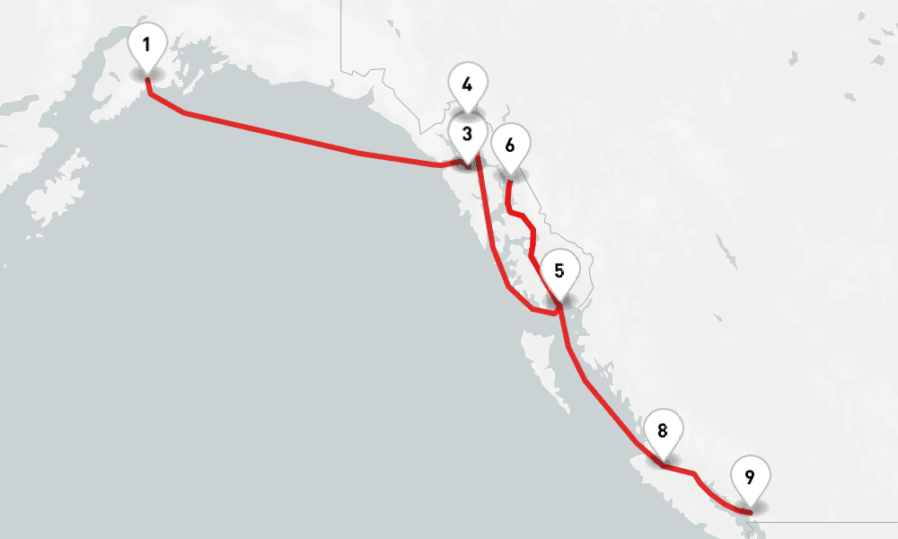 12 nights / 13 days, one-way from Seward (Alaska) to Vancouver (BC Canada)