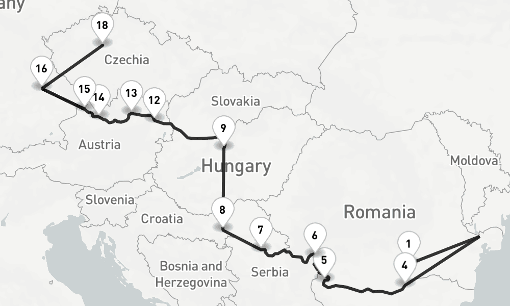18 nights / 19 days, one-way from Bucharest to Prague (Czech Republic)