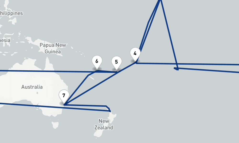 23 nights / 24 days, one-way from San Francisco (California) to Sydney (NSW, Australia)