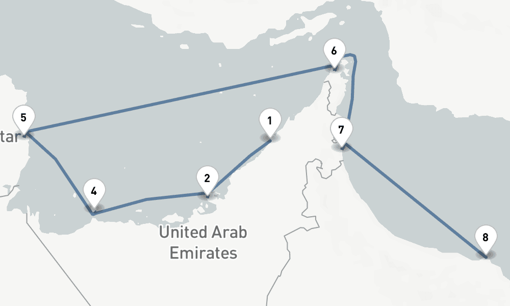 8 nights / 9 days, one-way from Dubai (Port Rashid, UAE) to Muscat