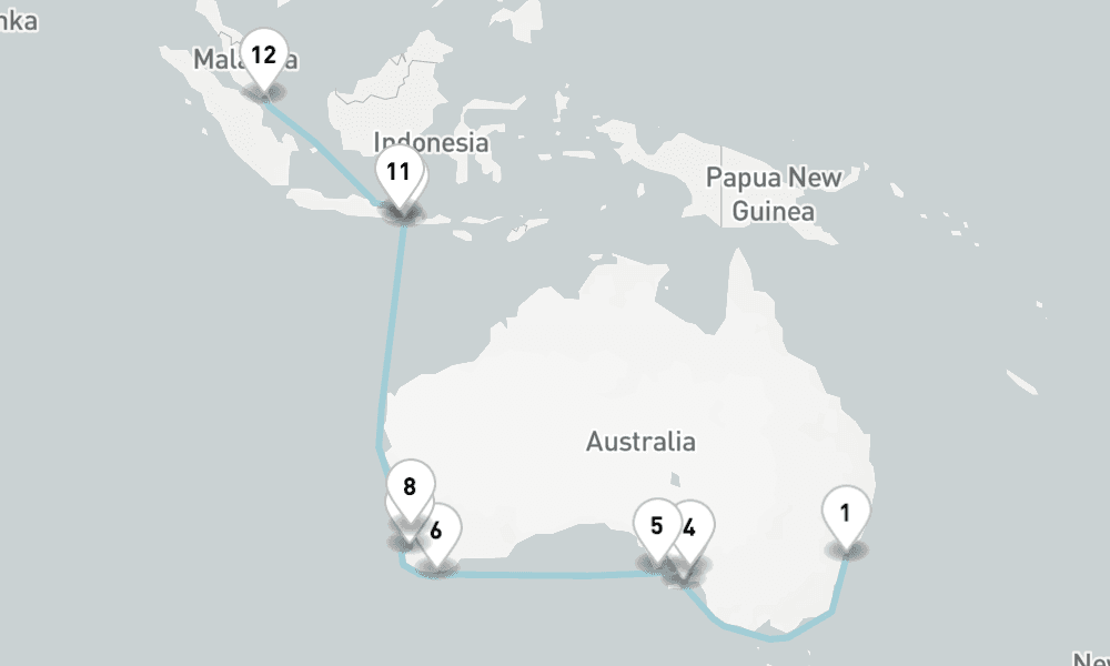 20 nights / 21 days, one-way from Sydney (NSW, Australia) to Singapore