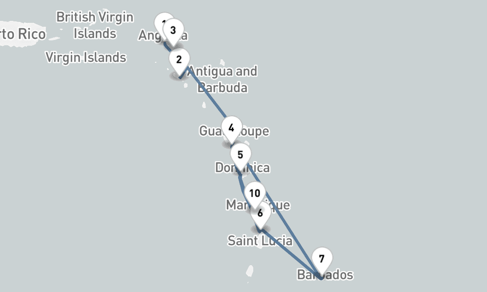 14 nights / 15 days, one-way from Philipsburg (St Maarten Island, Dutch Antilles) to Bridgetown (Barbados)