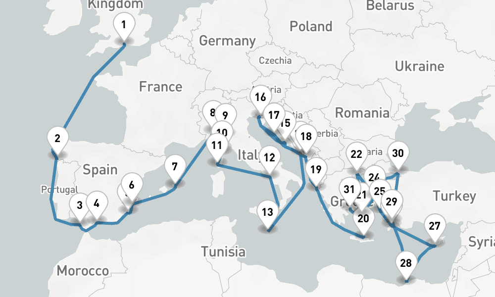 51 nights / 52 days, one-way from Southampton (England) to Piraeus (Athens, Greece)
