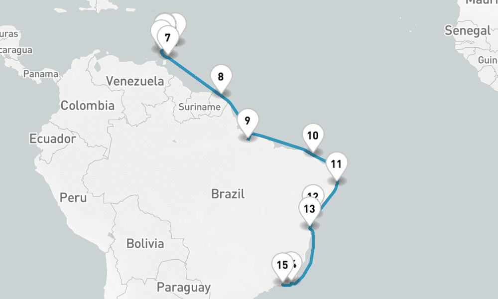 23 nights / 24 days, one-way from Bridgetown (Barbados) to Rio de Janeiro