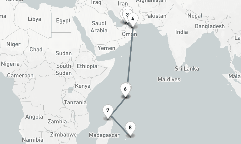20 nights / 21 days, one-way from Dubai (Port Rashid, UAE) to Port Louis (Mauritius Island)